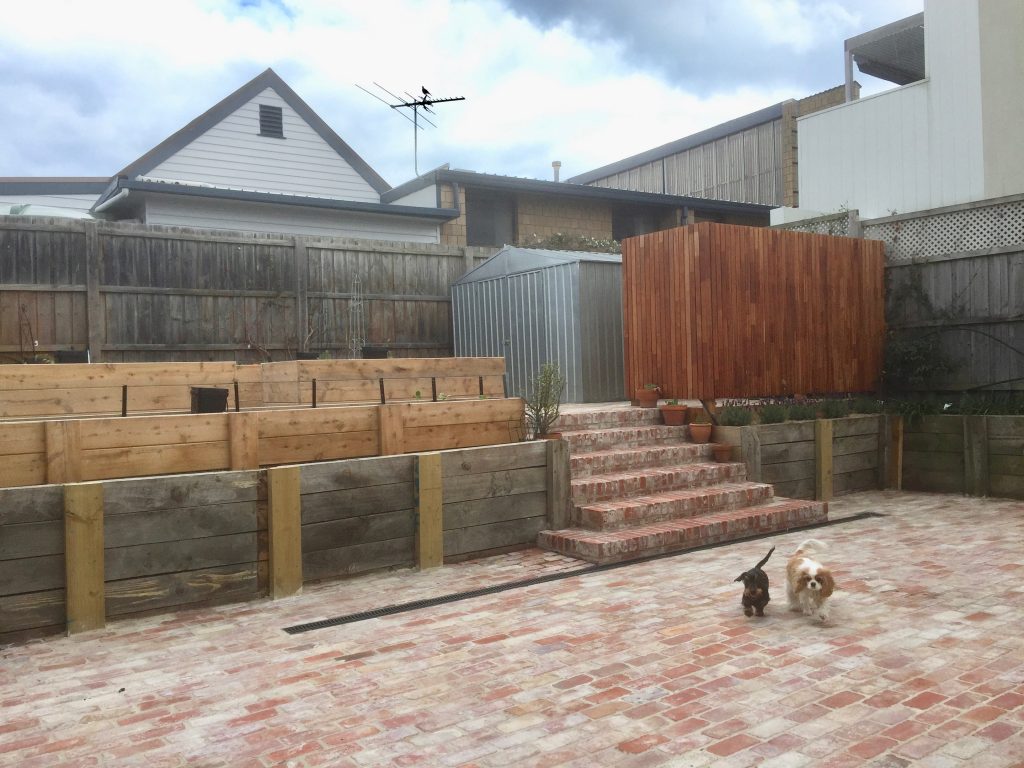 Empty veggie beds and paving.