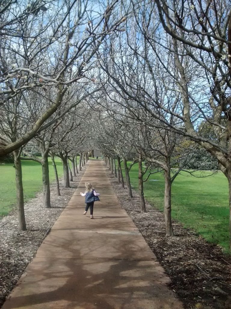 Grandchild running down a path.