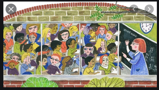 Cartoon of schoolroom crowded with kids.