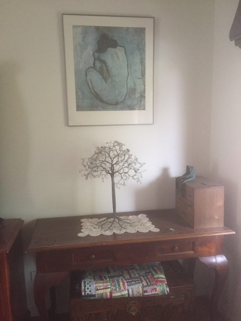 Wooden table with ornaments.