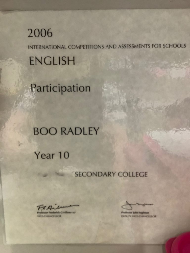 Participation certificate for a test where the kid said s/he was Boo Radley.